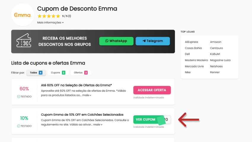 Página de cupons de desconto da Emma com uma oferta de 60% OFF em seleção de ofertas e um cupom de 10% OFF em colchões selecionados.