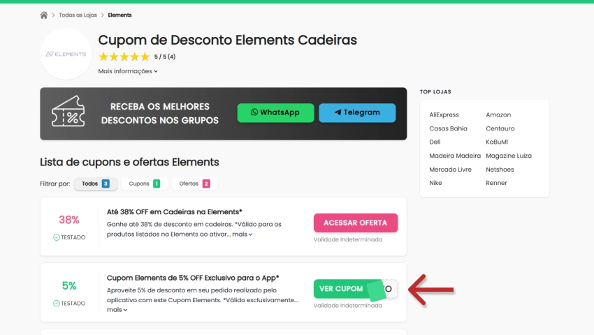 Imagem mostrando o Descontos Top com oferta de 5% de desconto exclusivo para o app Elements.