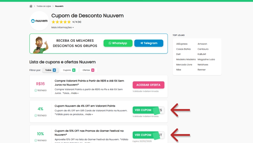 Imagem da página de cupons de desconto Nuuvem no Descontos Top, exibindo promoções e códigos promocionais para jogos e produtos, incentivando a busca de cupons ativos.