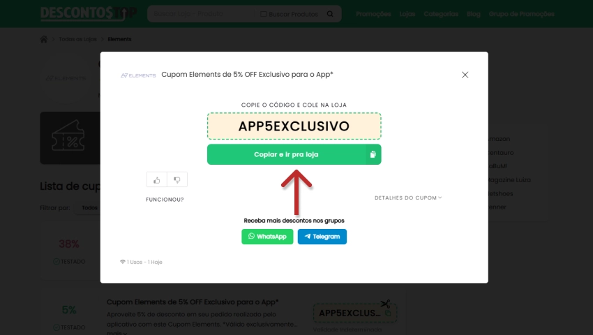 Imagem de um cupom de desconto exclusivo de 5% para app, exibindo e opções de copiar e ir para loja, apresentado na tela de um site de descontos.