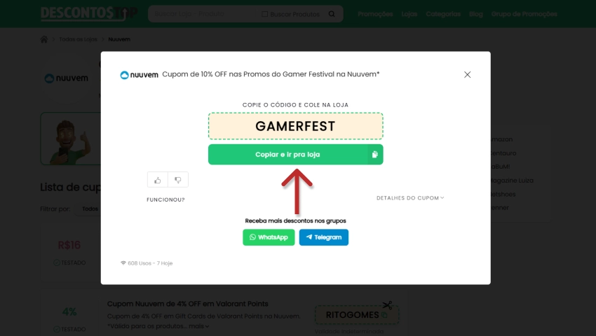 Imagem mostrando como clicar em copiar e ir para loja para obter código promocional na Nuuvem, facilitando o acesso ao site oficial com desconto.