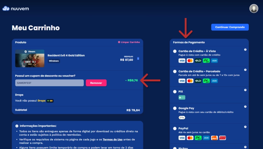 Tela de carrinho de compras exibindo produto Resident Evil 4 Gold Edition com desconto de R$8,76 e opções de pagamento como cartão de crédito, Pix, Google Pay e PayPal.