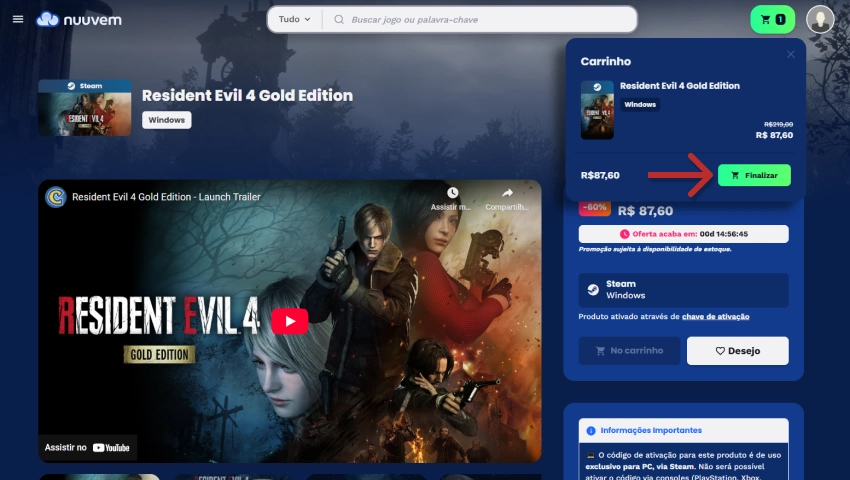 Imagem mostrando a loja virtual com o destaque para o jogo Resident Evil 4 Gold Edition na promoção, com botão de finalizar compra destacado.