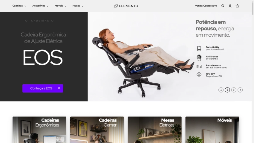 Imagem de uma cadeira ergonômica de ajuste elétrico vista de lado, com uma mulher reclinada, demonstrando conforto e suporte na postura. Perfeita para quem busca móveis ergonômicos e de alta qualidade.