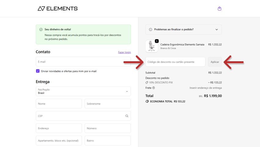 Imagem de uma tela de checkout da Elements, mostrando o preenchimento do código de desconto, com foco na aplicação do cupom promocional Elements.
