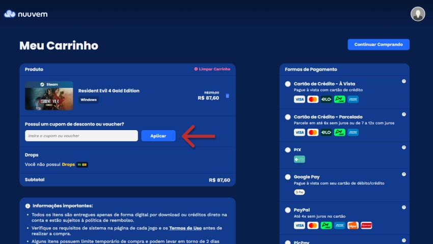 Imagem da interface do site Nuuvem mostrando o campo para inserir cupom de desconto no carrinho de compras, com destaque para o botão 'Aplicar' e o valor do produto 'Resident Evil 4 Gold Edition'.