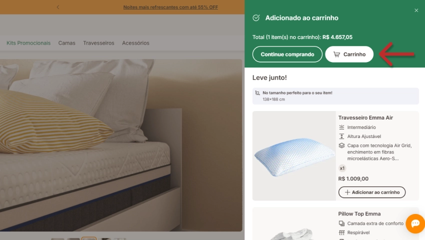 Colchão adicionado ao carrinho com Botão "Carrinho" destacado.