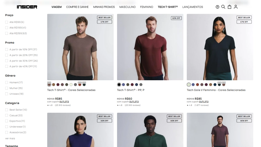 Imagem de um site da Insider exibindo camisetas masculinas e femininas com descontos e códigos promocionais.