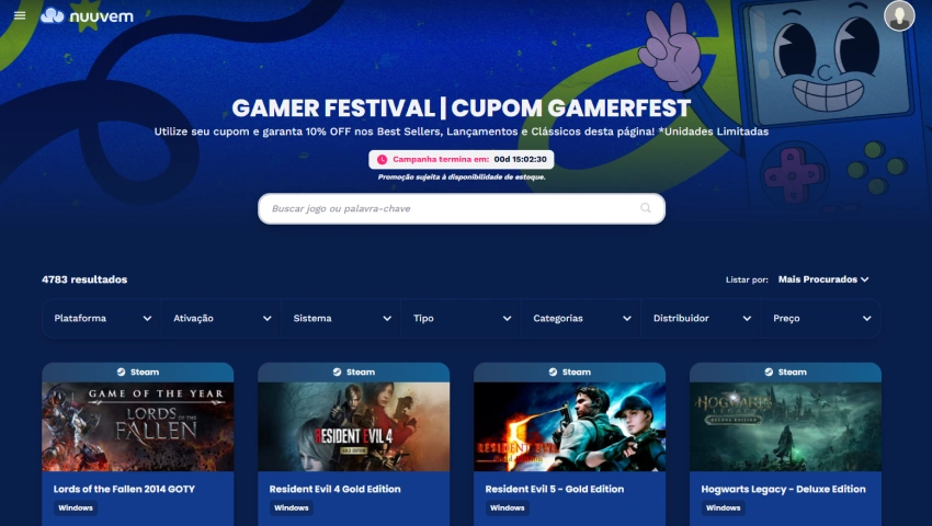 Imagem da página da plataforma Nuuvem com seleção de jogos, destacando títulos como Lords of the Fallen, Resident Evil 4 e Harry Potter.