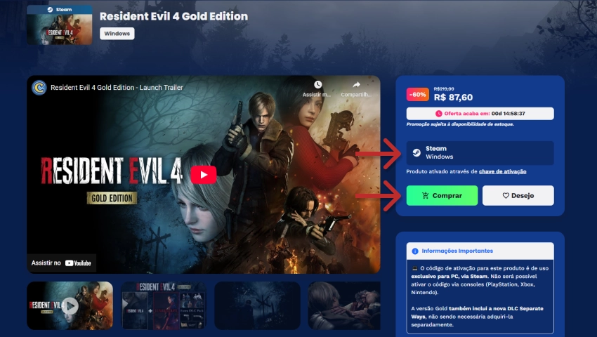 Imagem ilustrativa de compra de Resident Evil 4 Gold Edition na plataforma digital, mostrando passo a passo para confirmar conta e clicar em Comprar no site.