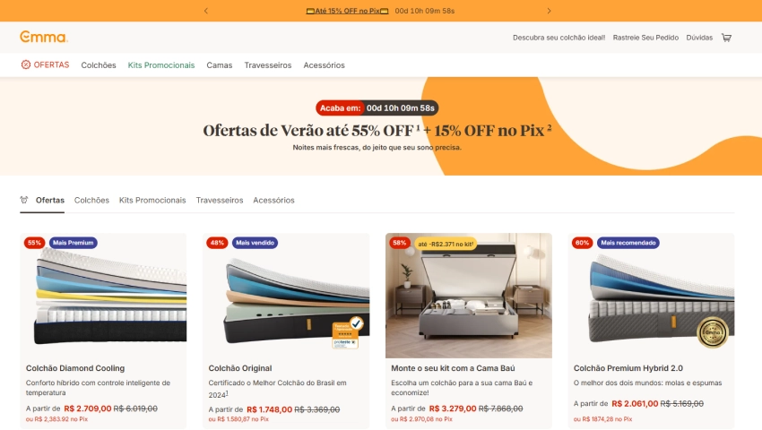 Página inicial da Emma com ofertas de verão de até 55% OFF + 15% OFF no pix, mostrando camas e colchões em oferta.