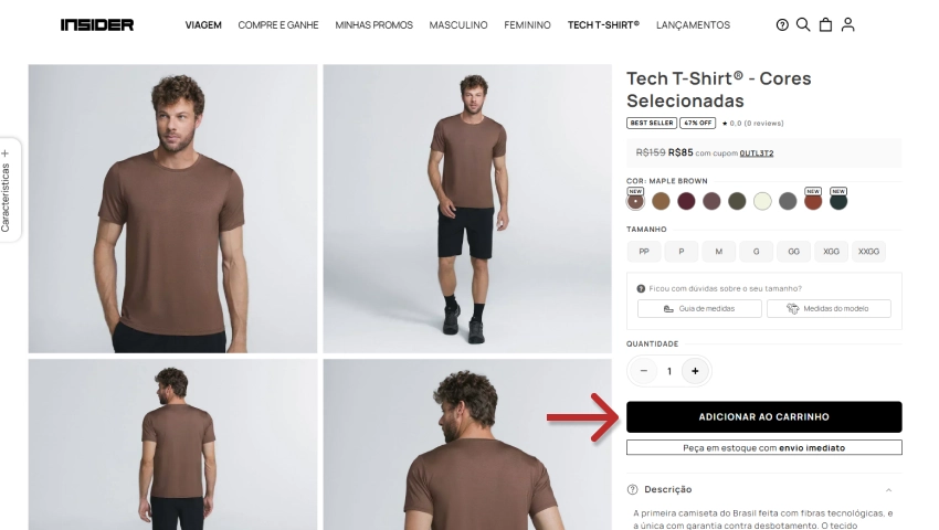 Imagem de um modelo vestindo uma camiseta Tech T-Shirt de cor marrom, disponível em várias cores e tamanhos na loja online Insider, com opção de selecionar cor e tamanho para adicionar ao carrinho.