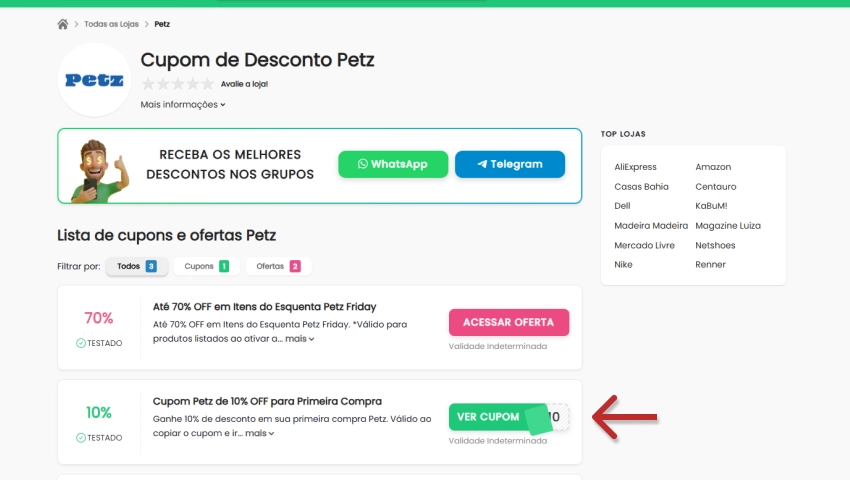 Imagem mostrando uma página de cupons de desconto da Petz no site Descontos Top, destacando uma oferta de 10% OFF na primeira compra com botão 'VER CUPOM'.