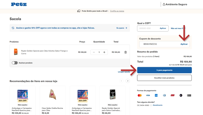 Imagem de uma tela de checkout de uma loja online, destacando o campo de aplicação de cupom de desconto e o botão 'Ir para pagamento'.