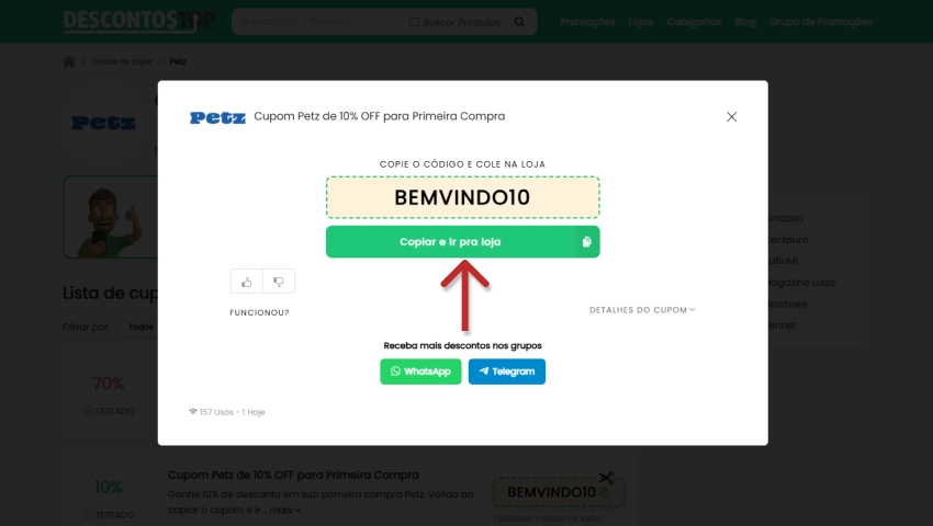Janela exibindo código de desconto Petz de 10% com botão para copiar e ir para o site oficial da loja.