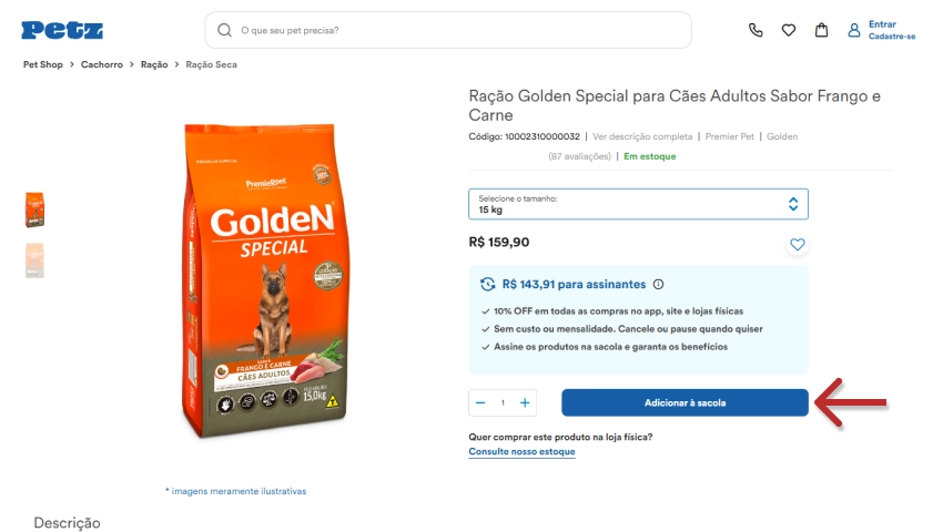 Imagem de saco de ração Golden Special para cães adultos sabor frango e carne, disponível para compra em loja online com botão para adicionar à sacola.