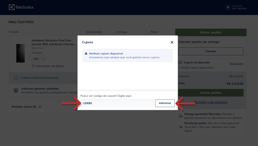 Imagem de uma loja virtual mostrando a interface de um sistema de cupons de desconto onde o usuário insere o código para ativar descontos na compra de produtos eletrônicos.