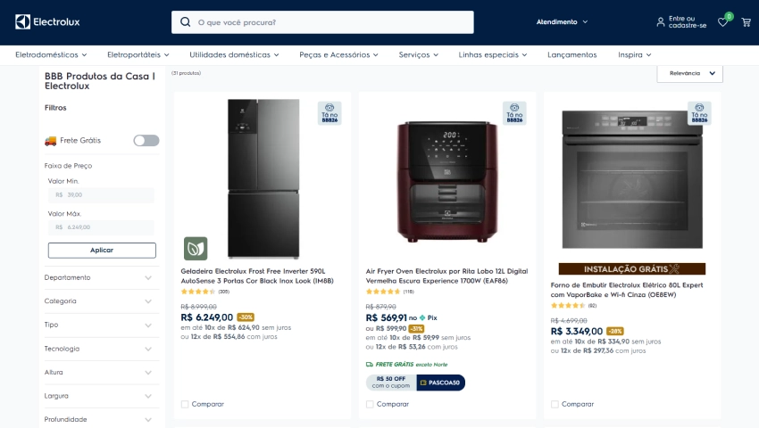Imagem de produtos do site da Electrolux, incluindo geladeira, forno elétrico e ar condicional, com promoção e cupons exclusivos, disponíveis para compra online.