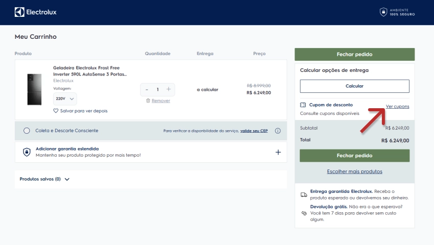 Tela de carrinho de compras na loja online Electrolux com destaque para o campo Ver cupons, onde os usuários podem aplicar códigos promocionais para descontos.