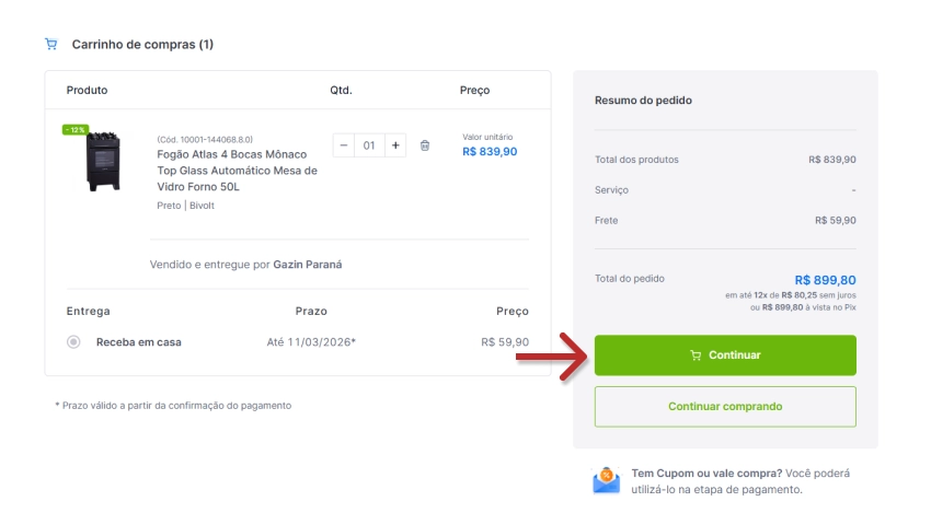 Imagem de carrinho de compras online mostrando produto e preço, com destaque para o botão de 'Continuar' no checkout.