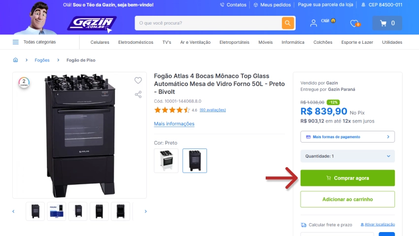 Imagem de fogão Atlas de 4 bocas com o botão de Comprar agora destacado.