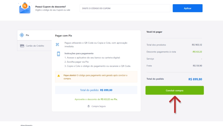 Imagem mostrando a finalização de uma compra online no site do supermercado Gazin, com destaque para a etapa de escolher a forma de pagamento e clicar em Concluir compra, utilizando o cupom Gazin.