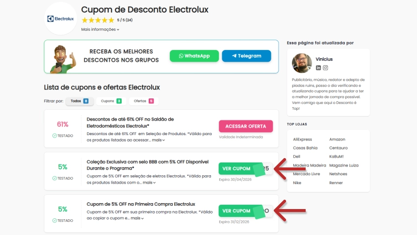 Página de cupons da Electrolux com destaque para ofertas e códigos de desconto, convidando os clientes a clicarem em 'Ver Cupom' para economizar