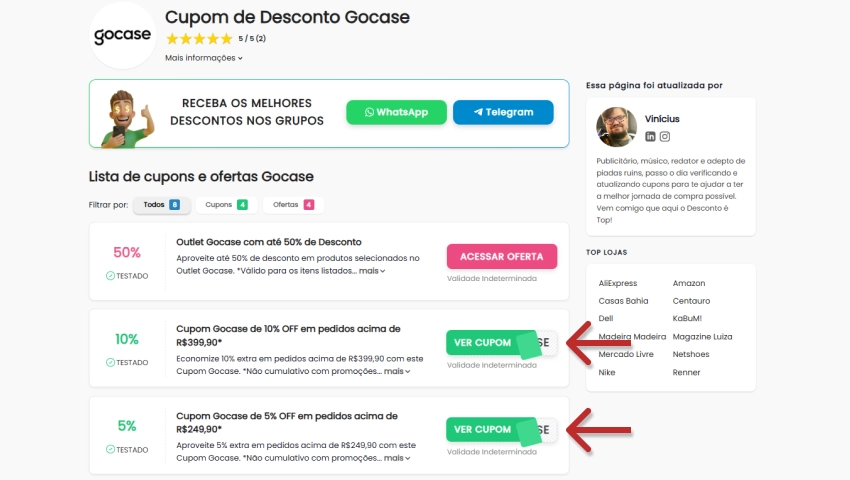 Imagem de uma página de cupons da Gocase, exibindo diferentes ofertas e botões de 'VER CUPOM' para adquirir descontos exclusivos. Ideal para quem busca economizar ao comprar produtos na Gocase.