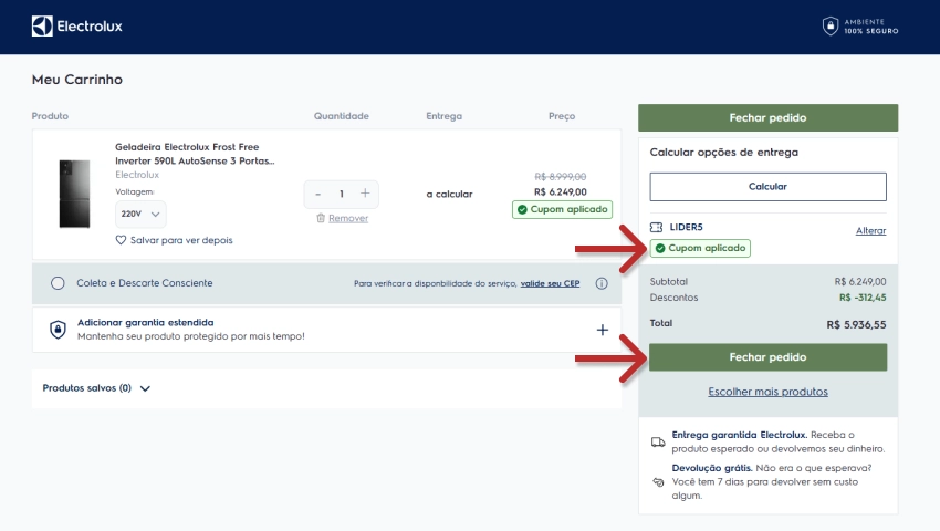 Imagem ilustrativa do processo de aplicação de cupom de desconto na compra de um refrigerador Electrolux Frost Free no site, destacando os passos para usar o cupom e finalizar a compra com desconto.