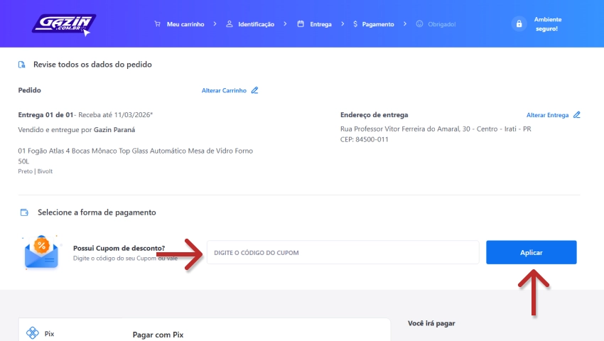Imagem ilustrativa da página de pagamento onde é possível localizar o campo para digitar o código do cupom de desconto Gazin, clicando em aplicar para garantir o desconto na compra.