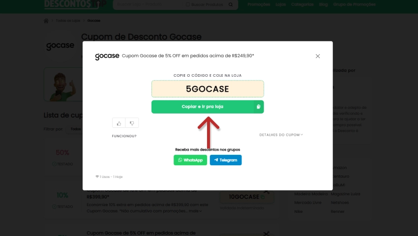 Imagem mostrando como copiar código promocional na loja Gocase para desconto de 5% nas compras acima de R$249,90.