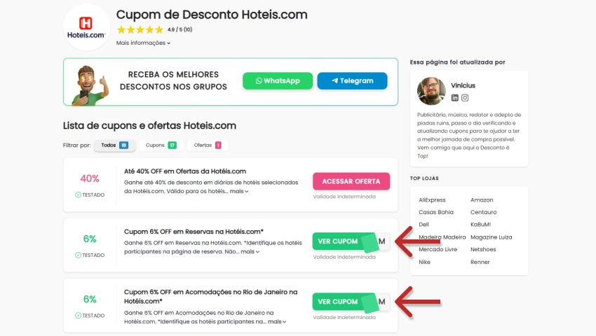 Página de cupons de desconto do Hotéis.com exibindo ofertas para reservas em hotéis, com destaque para um código promocional de até 40% de desconto, ideal para quem busca economizar em hospedagem.
