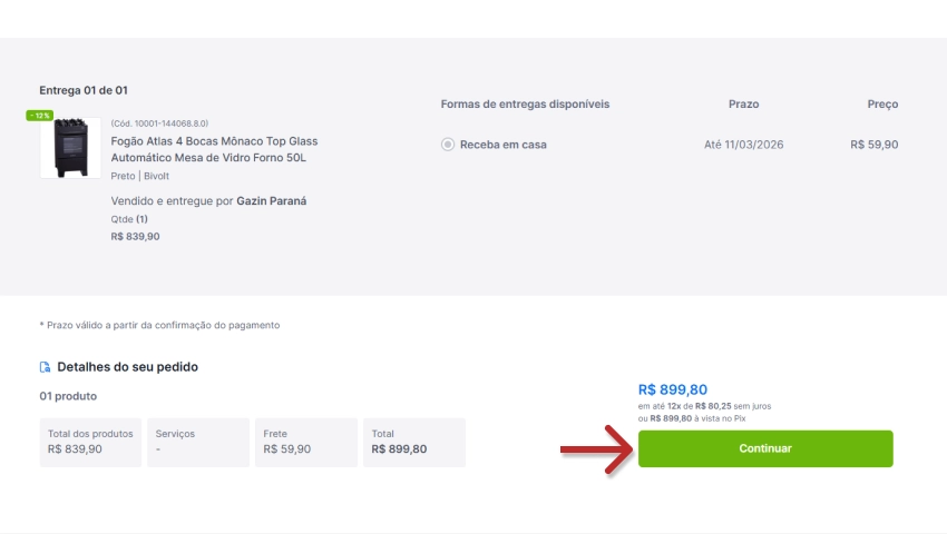 Imagem ilustrativa de uma tela de checkout para seleção de endereço de entrega de produto, com destaque para o botão 'Continuar' em verde.
