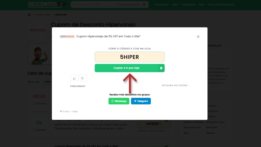 Imagem ilustrativa explicando como usar o cupom de desconto no site Hipervarejo, com destaque para o botão verde de copiar e ir para a loja.