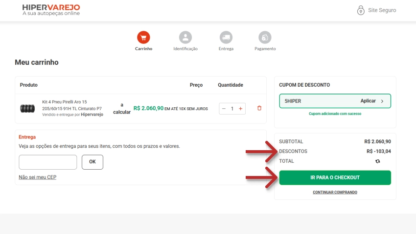 Página de checkout do HiperVarejo com desconto automático aplicado ao usar o cupom, mostrando detalhes do produto, valor reduzido e opção de finalizar compra.