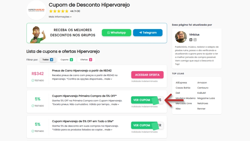Página de cupons da Hipervarejo no Descontos Top com várias ofertas de descontos e a opção de verificar os cupons disponíveis.