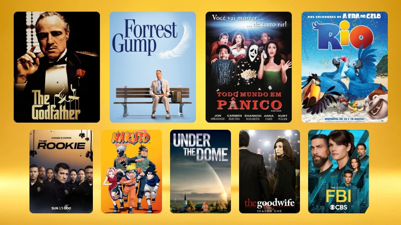 Imagem com capas de diferentes séries e filmes disponíveis no Mercado Play, incluindo 'The Godfather', 'Forrest Gump', 'Pânico', 'Rio', 'The Rookie', 'Naruto', 'Under the Dome', 'The Good Wife' e 'FBI'.
