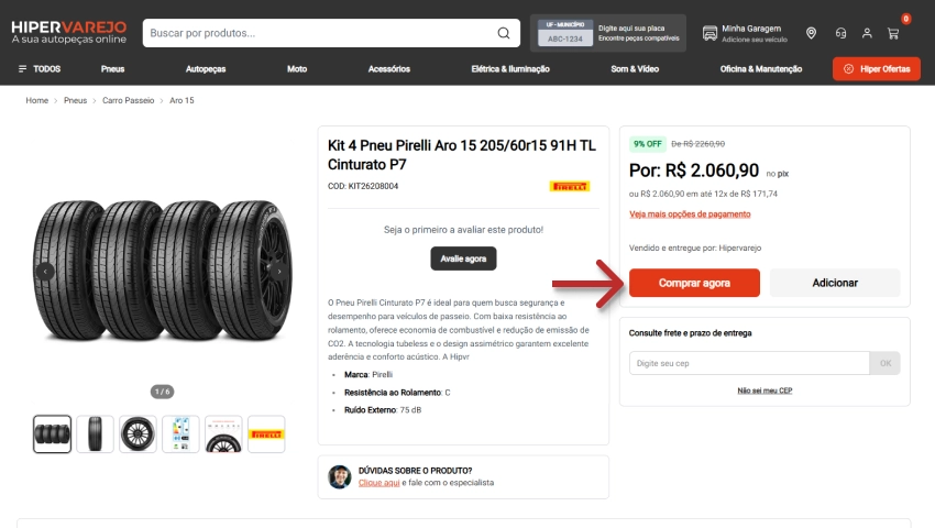 Kit 4 Pneus Pirelli Aro 15 205/60R15 91H TL para veículos no Autopeças Varejo.