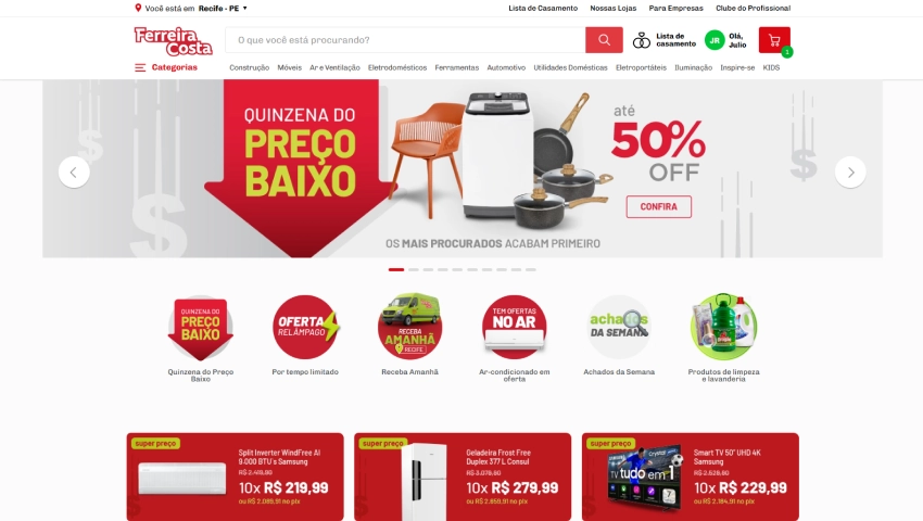 Promoção de produtos de construção, decoração e eletrodomésticos com descontos de até 50% na Ferretta Costa, incluindo geladeiras, purificadores e utensílios de cozinha.