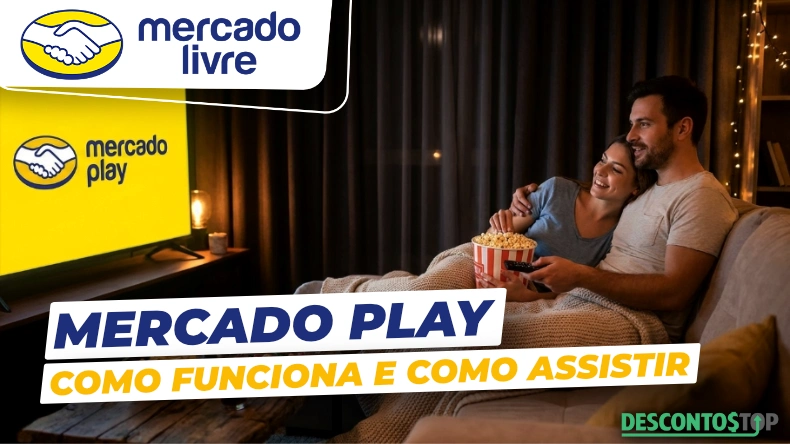 Imagem de um casal assistindo televisão em casa, com o logo do Mercado Livre e Mercado Play, promovendo como funciona e como assistir a plataforma de streaming.
