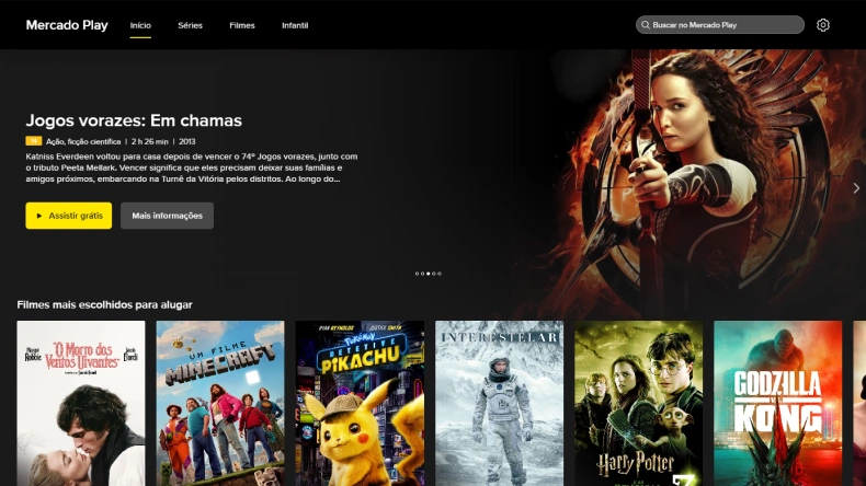 Imagem do site Mercado Play destacando uma seção de jogos vorazes em chamas com uma jovem mulher segurando uma arma em um cenário dramático