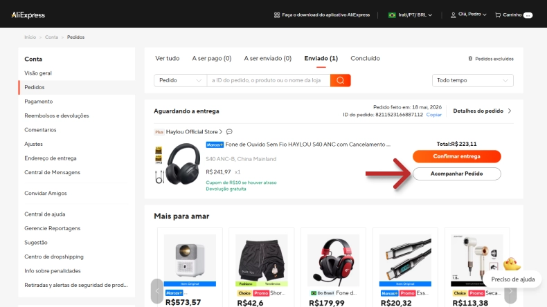 Captura de tela de uma página de rastreamento de pedido do AliExpress mostrando uma compra de fone de ouvido. Uma seta aponta para o botão Acompanhar Pedido.