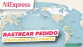 Como rastrear pedidos no AliExpress? Mapa mostrando uma rota de voo da China para o Brasil sobre o Oceano Pacífico, com o logotipo do AliExpress. O texto diz: RASTREAR PEDIDO. ACOMPANHE A SUA COMPRA.