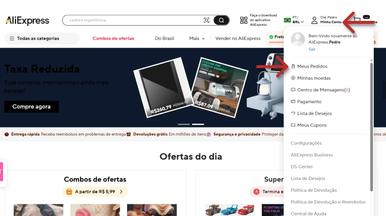 Captura de tela da página inicial do site do AliExpress, mostrando um menu de usuário aberto no canto superior direito com opções Meus Pedidos destacada.