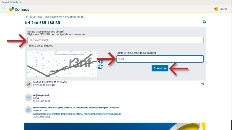 Captura de tela da página de rastreamento dos Correios com setas vermelhas apontando para o campo do código de rastreamento, a caixa de captcha e o botão Consultar.