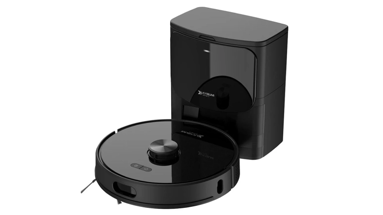 Um aspirador de pó preto Robo aspirador KABUM smart K1100 fica em frente à sua estação de carregamento e esvaziamento automático correspondente, ambas com designs modernos e elegantes.