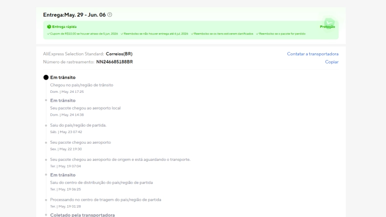 Página de rastreamento de pedidos do AliExpress mostrando o status de entrega de um pacote, com previsão de entrega entre 29 de maio e 6 de junho, e detalhes do progresso da remessa em português, incluindo atualizações do Em trânsito.