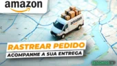 Rastreamento de Pedido Amazon: como acompanhar minha entrega Imagem de um caminhão de entregas da Amazon sobre um mapa, simbolizando rastreamento de encomendas, com destaque para a frase Rastreamento Amazon e acompanhamento da entrega.