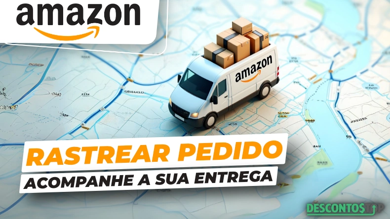 Imagem de um caminhão de entregas da Amazon sobre um mapa, simbolizando rastreamento de encomendas, com destaque para a frase Rastreamento Amazon e acompanhamento da entrega.
