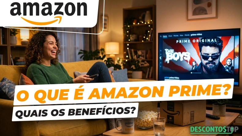 Mulher assistindo The Boys no Prime Video em casa. Imagem ilustra o que é Amazon Prime e quais os benefícios da assinatura, mostrando entretenimento com filmes e séries exclusivas da Amazon Prime Video.